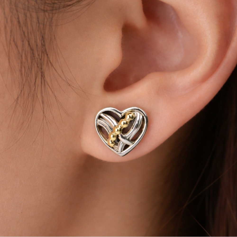 Lagos Two Tone Sterling Silver & 18 Kt Gold Unlaced Heart Stud Earrings